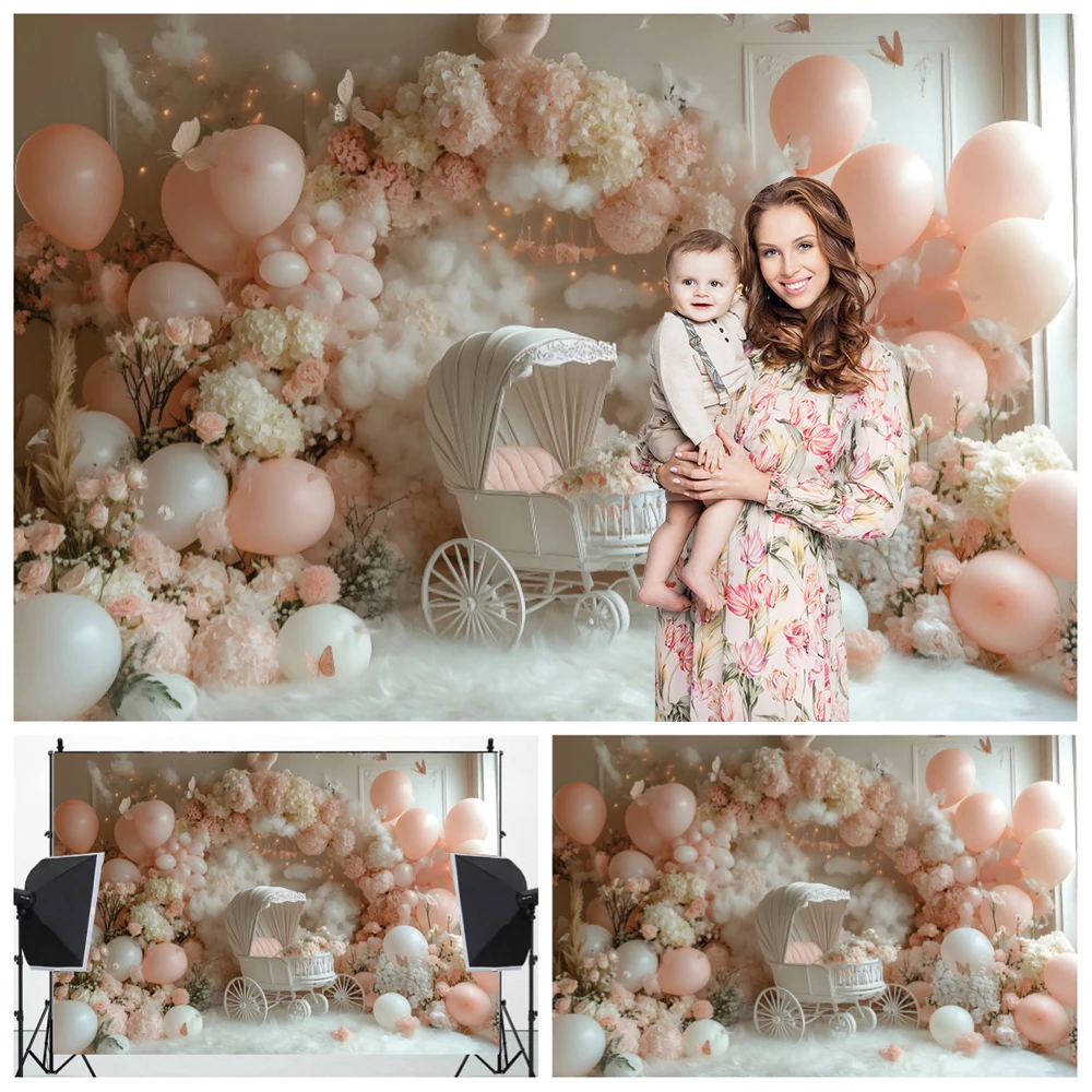 

Baby Shower Photography Backdrop Pink Arch Balloon Butterfly Stroller Newborn Birthday Party Decorations Background Photo Studio