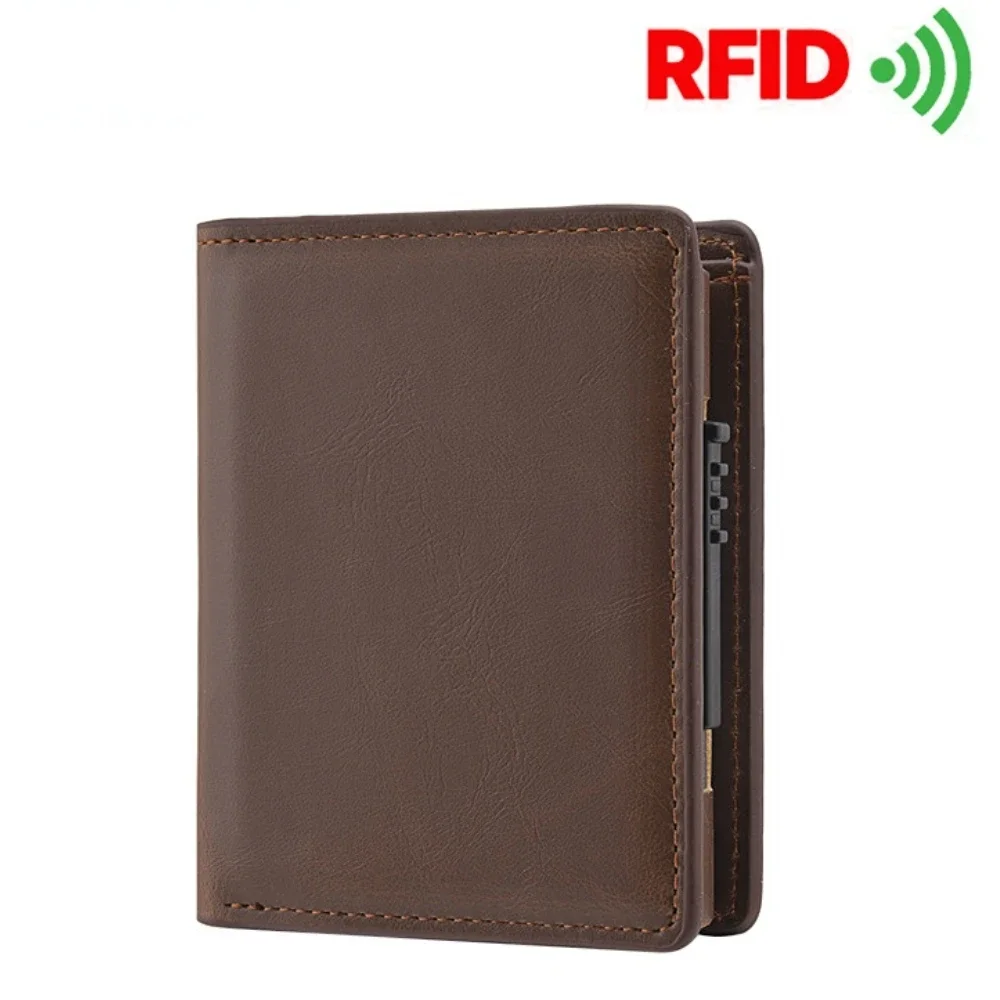 New Men's Short Wallet Automatic Pop-Up Aluminum Alloy Card Holder Anti-theft Brush Anti-magnetic Card Case Retro Pu Wallet Men