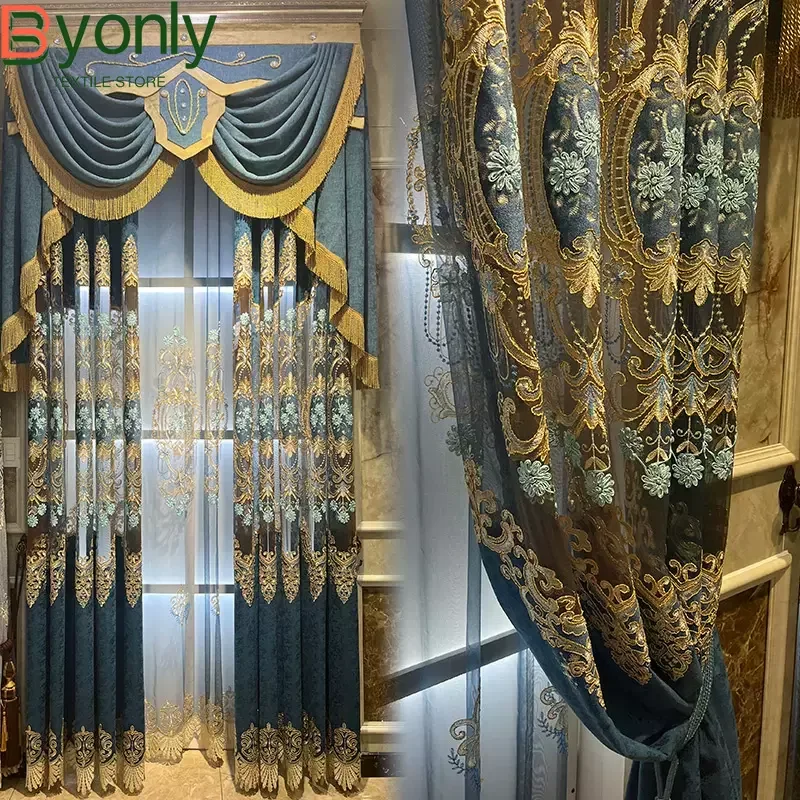 

Customized Blue Hollowed Out Embroidered Window Screen of Villa Chenille Curtains for Living Room Bedroom French Window Balcony