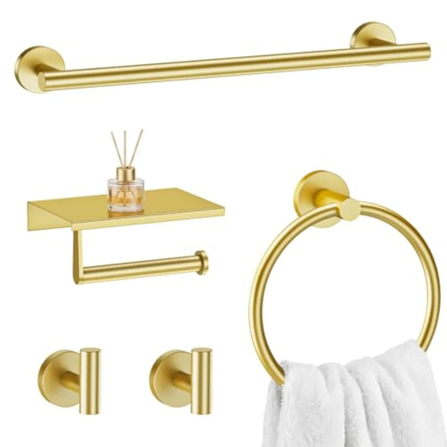 

5-Piece Bathroom Hardware Set, SUS304 Stainless Steel, Round Towel Bar, Towel Ring, Toilet Paper Holder, 2 Robe Hooks, Conceale