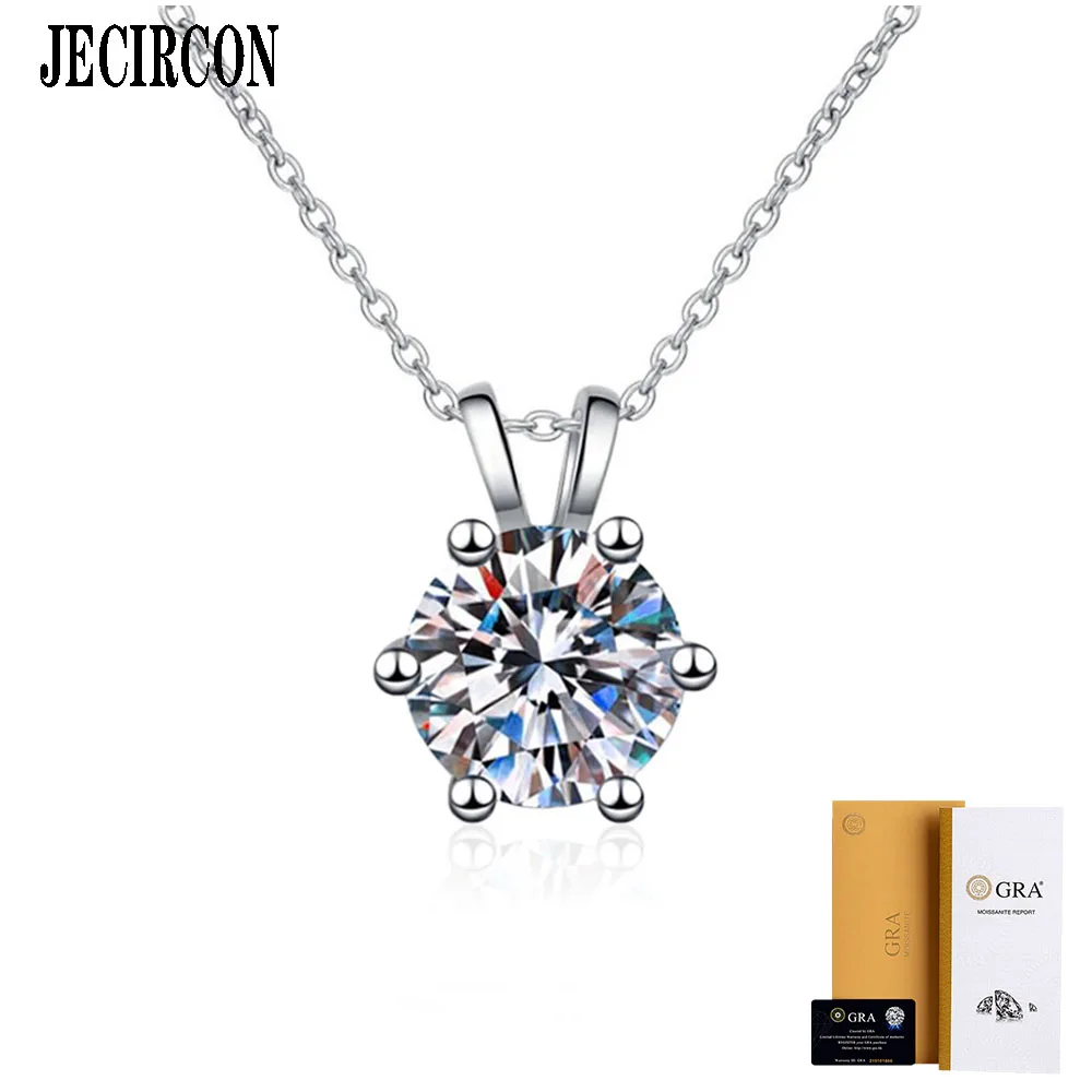 JECIRCON Classic 6-claw Necklace for Women S925 Sterling Silver Elegant Simple Clavicle Chain 1ct Moissanite Pendant Versatile