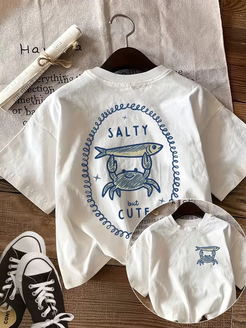 Salty But Cute Crab & Fish Sketch Women Short Sleeve T-Shirt  for Daily Summer Street Outfit