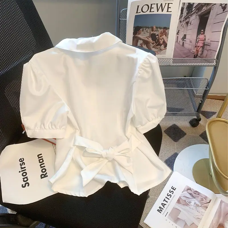 

Kawaii рубашки женские Y2k летние в стиле преппи Симпатичные Питер Пэн воротник туника на шнуровке Mujer Blusas чистые Харадзюку с пышными рукавами колледж