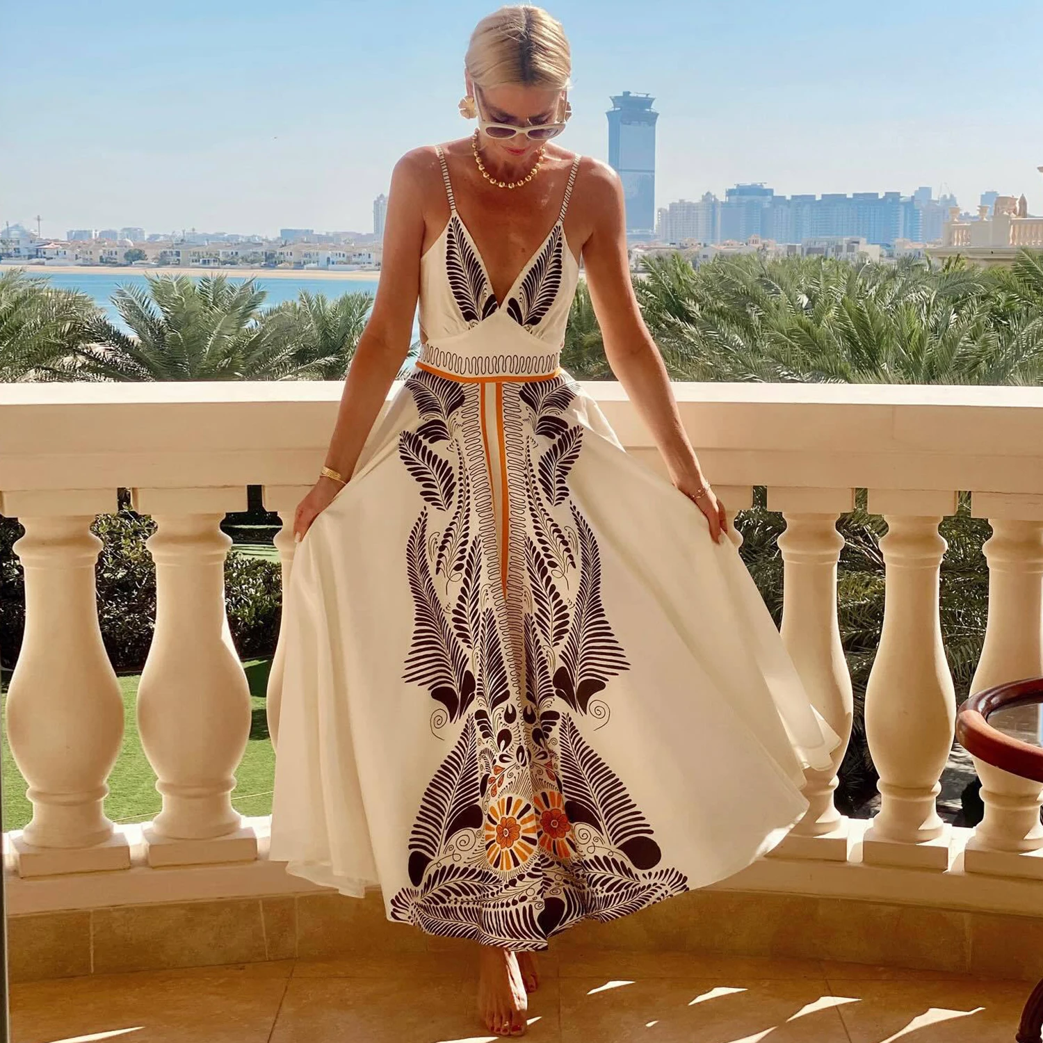 

Women Deep V Neck Floral Print Strap Summer Linen A Line Long Dress