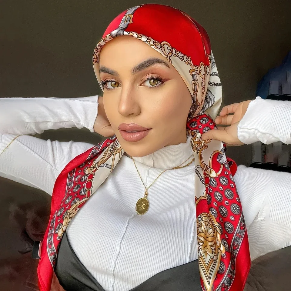 Muslim Chain Print Square Hijab Scarf Silk Satin Shawl Mature Matching Sunscreen Head Wrap #2