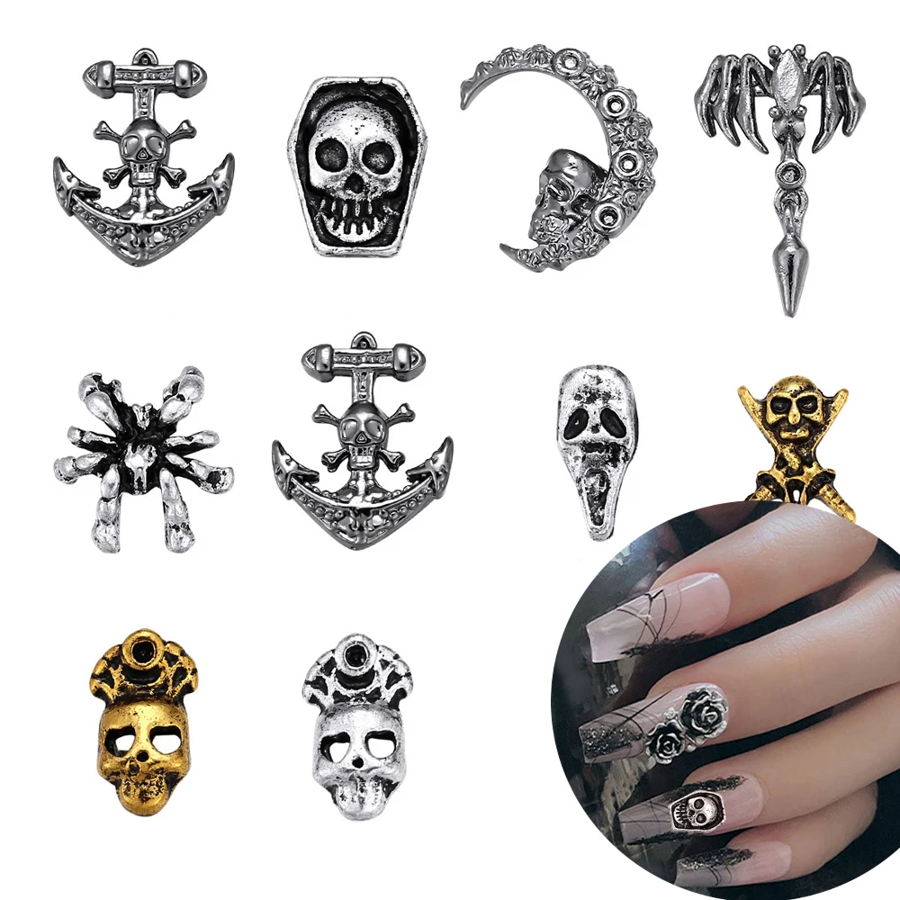 20pcs Punk Gothic Nail Art Charm 3D Alloy Retro Skull Spider Wand Nail Decoration Jewelry DIY Halloween Design Nail Accessories