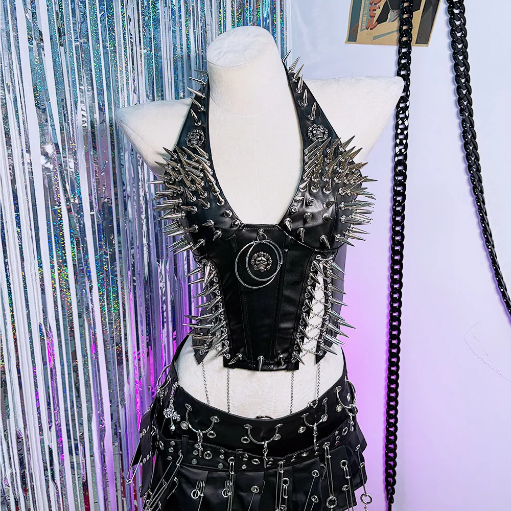 

Punk Rock Harajuku Skull Grunge E-Girls O RING Spike Studded Rivet Pu Leather Goth Y2K Halter Camisole TOPS Skull Emo Hip Hop