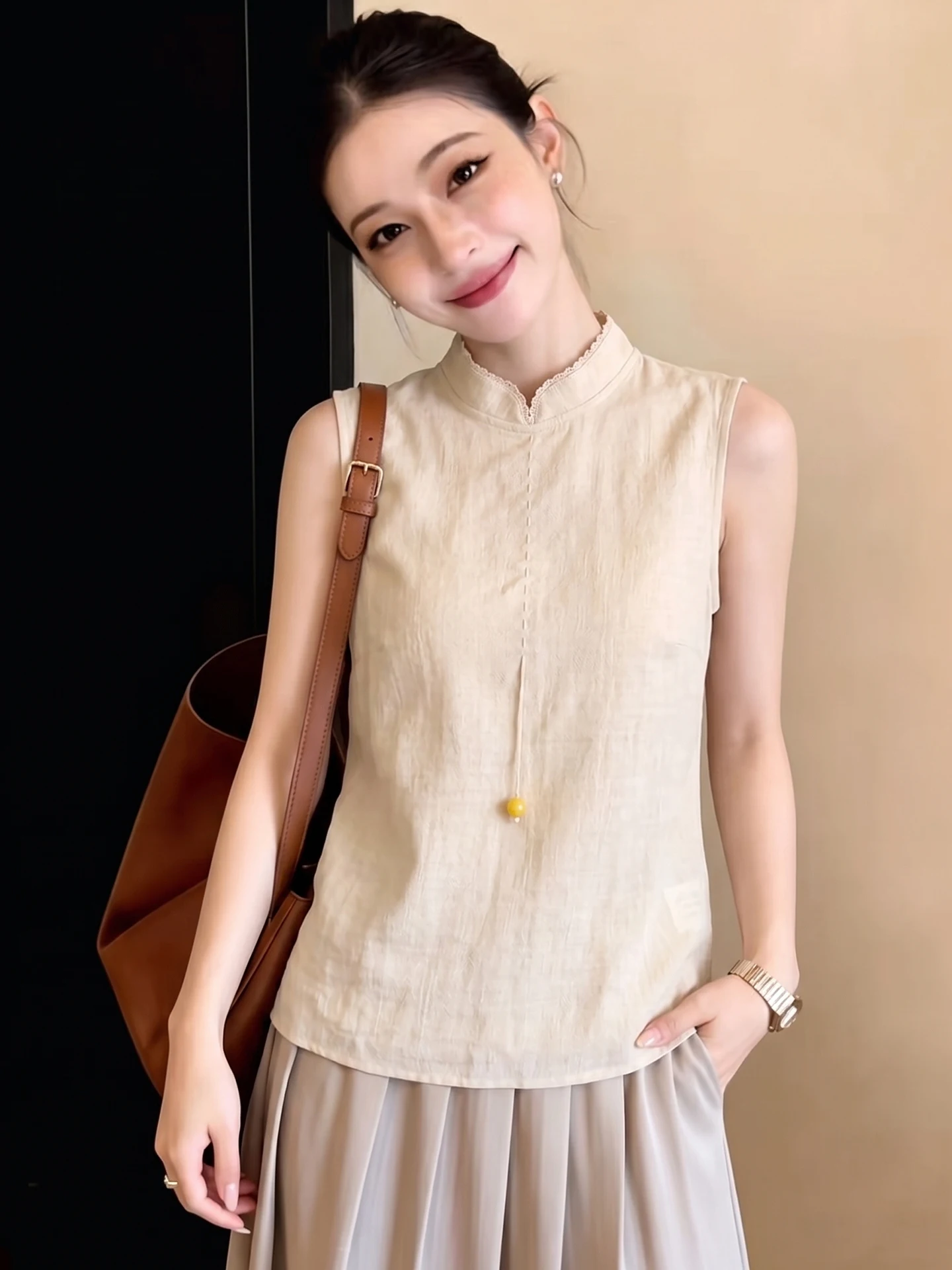 

Elegant Sleeveless Stand Collar Chinese Style Base Shirt Summer Trend Design Vest Commute Style Regular Fit Micro Stretch