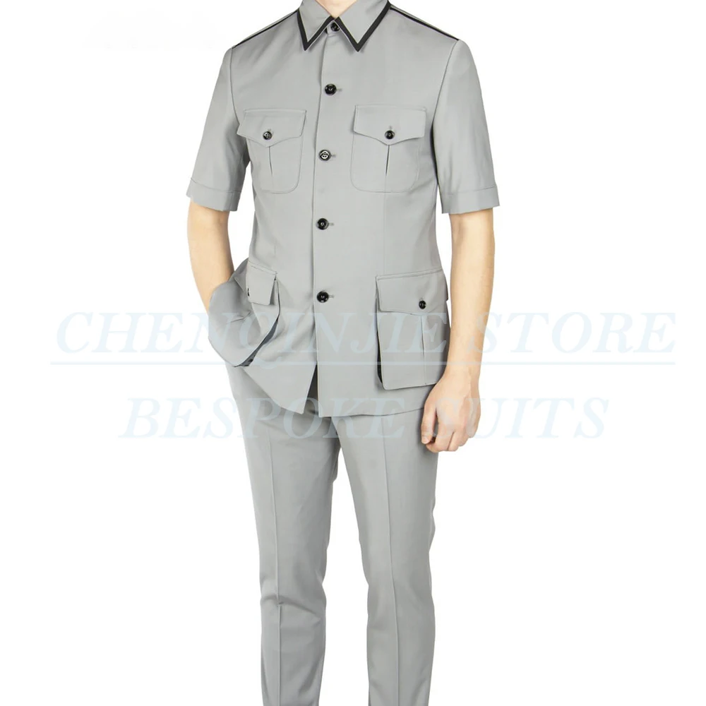 SILIWEYA Moda Manica Corta Abiti da Uomo Elegante Stand Risvolto Slim Fit 2 Pezzi Giacca Pantaloni Set Abbigliamento Maschile Personalizzato Blazer