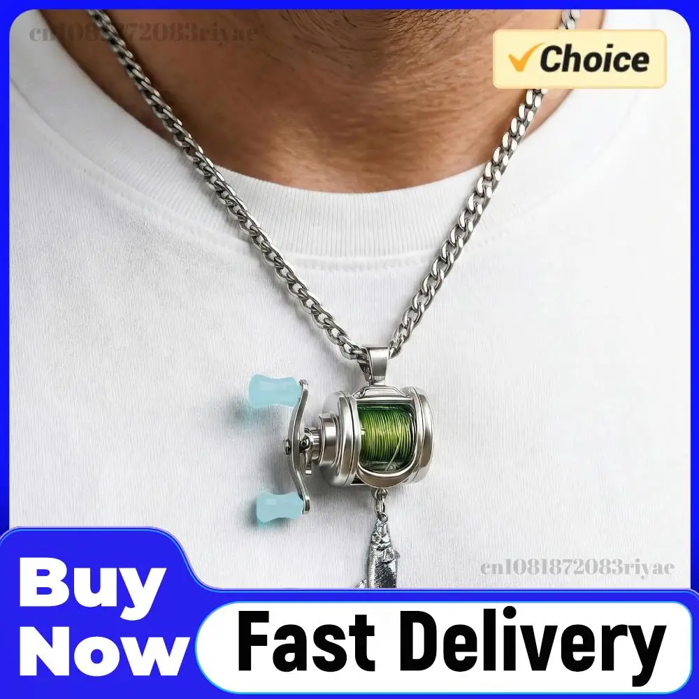 Mini Fishing Reel Necklace Ring Fishing Rotating Handle & Moving Line Guide Spinning Reel Keychain Backpack Charm for Fishermen