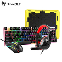 T-WOLF TF240 4-IN-1 Gaming Keyboard Mouse Headset Combo with Anti-slip Mouse Pad Wired Colorful Backlit Gaming Mice for Computer