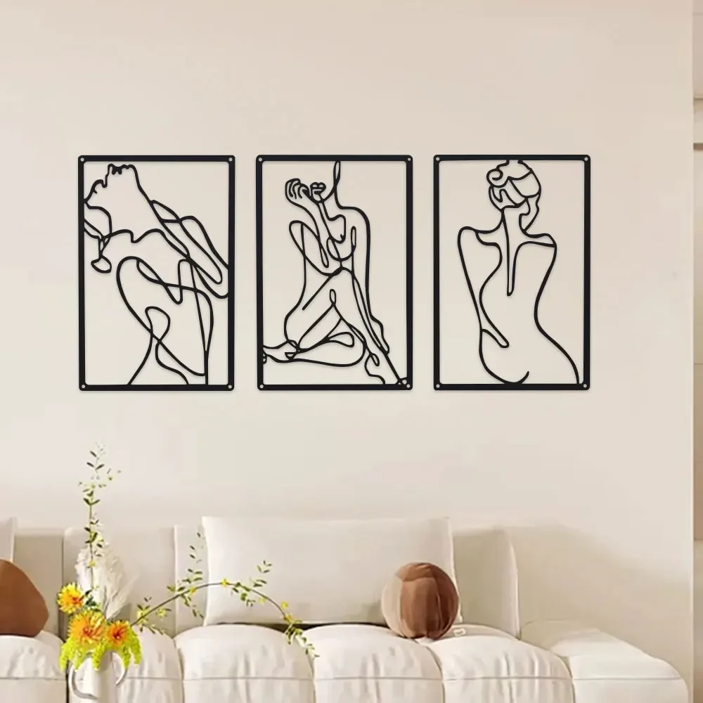 Minimalist Art That Suitable for Home Decoration Three Flowing Feminine Silhouettes in Continuous Black Metal Lines