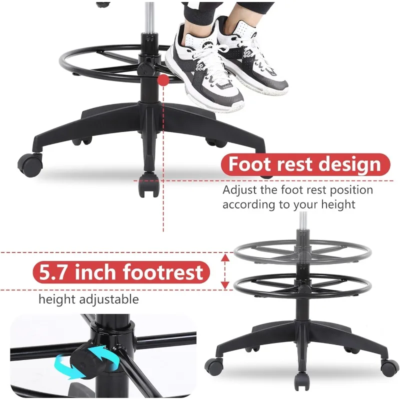 Adjustable Mesh Drafting Stool Tall, Swivel Office Chair with Lumbar Support & Footrest for Desk Work