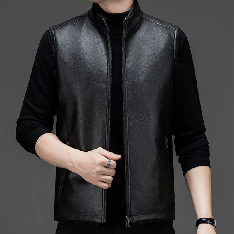 سترة رجالية من جلد البولي يوريثان مع بطانة صناعية مبطنة سميكة ودافئة بدون أكمام صدرية لخريف وشتاء ملابس خارجية للرجال في منتصف العمر
