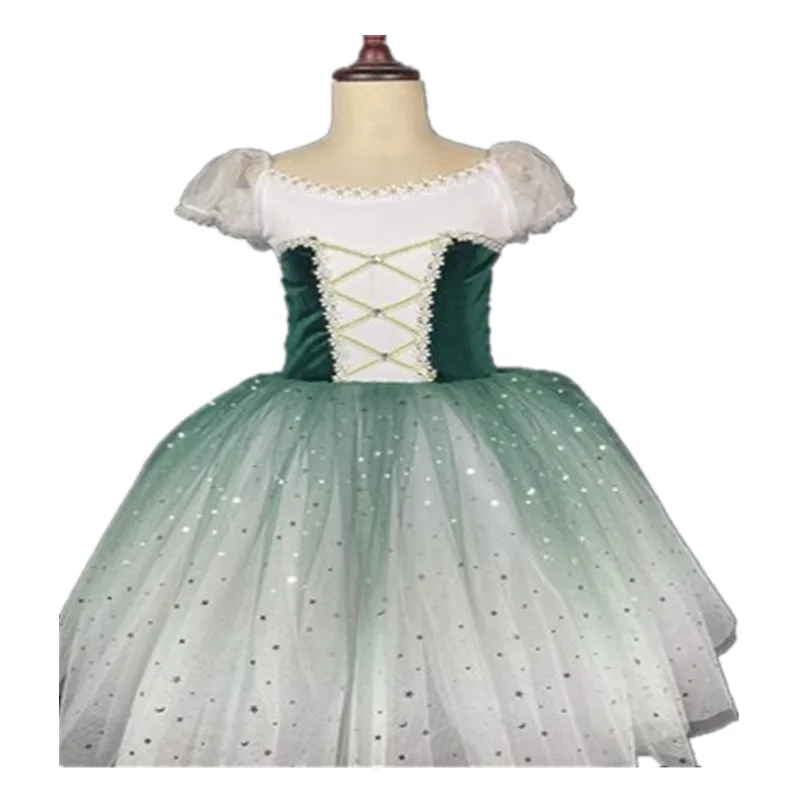 

High quality Giselle Ballet dress lady short Sleeves Ballet Dress women bubble sleeves Stage costumes green puffy gauze skirt