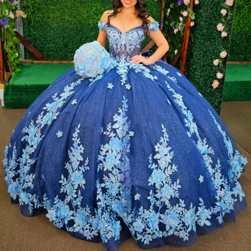 

Sea Blue Shiny Quinceanera Dresses Off The Shoulder Applique Flower Beading Crystal Bow Tull Party Birthday Sweet 16 Dress