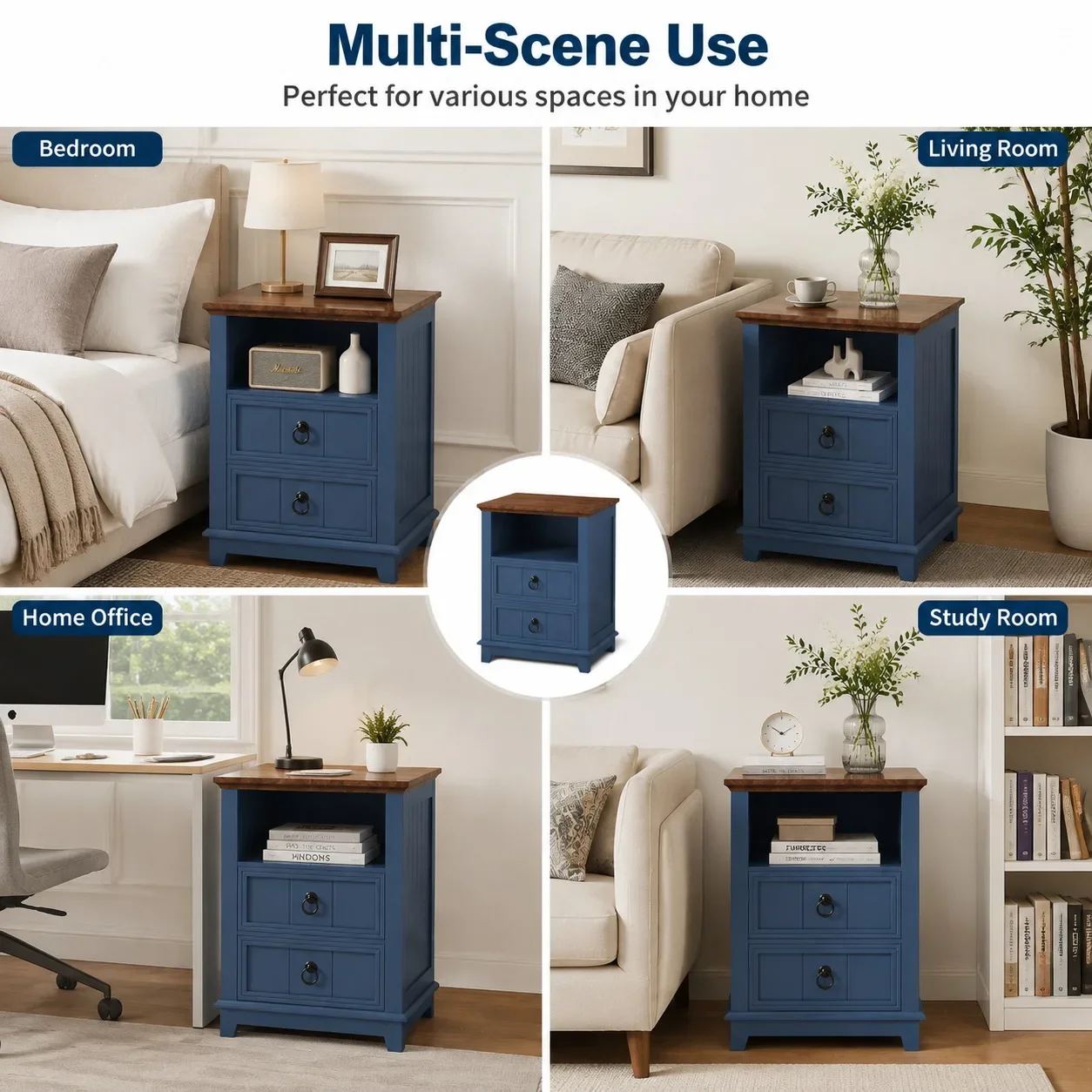 Modern Fluted Nightstand with USB Charging Station, 2 Drawer Side Table with Open Storage Shelf, Wooden Bedside Cabinet for Home