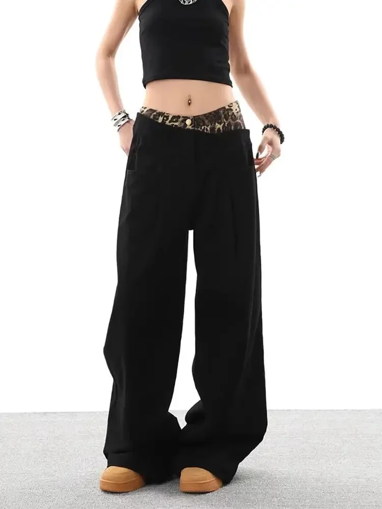 

Women Leopard Print Patch Black Jeans American Retro Double Waistband Wide Leg Denim Pants Loose Fit Trendy Streetwear Casual