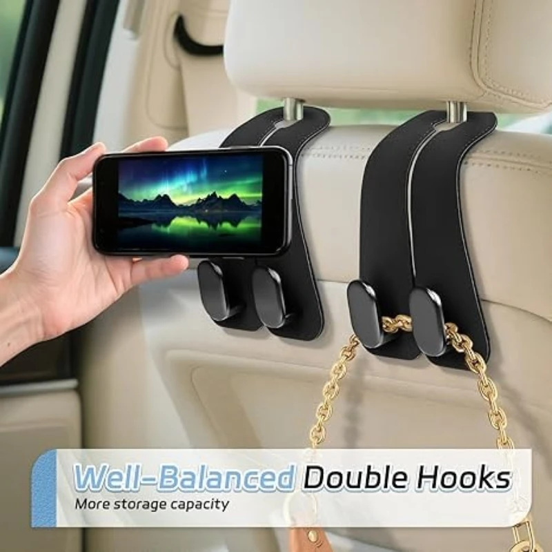 2-in-1 Auto-Kopfstützenhaken Universelle Doppelhaken-Aufhänger für Handtaschen, Lebensmittelflaschen, Auto-Innenraum-Organizer – Detail 6