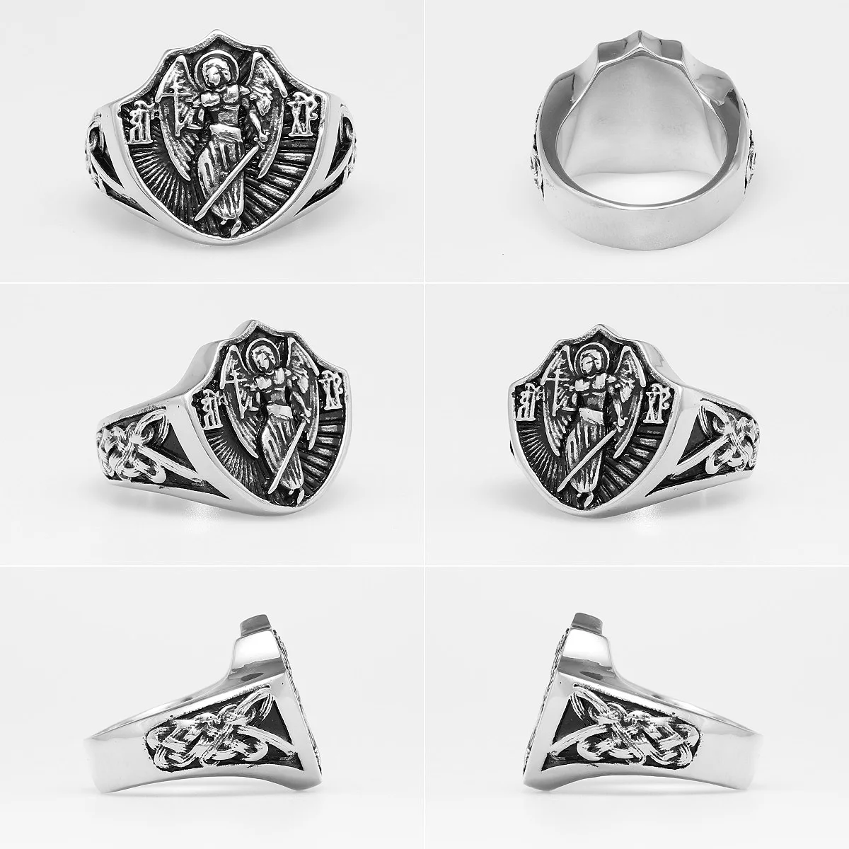 Archangel St.Michael Religion Amulet Stainless Steel Mens Rings Punk for Male Boyfriend Biker Jewelry Creativity Gift Wholesale