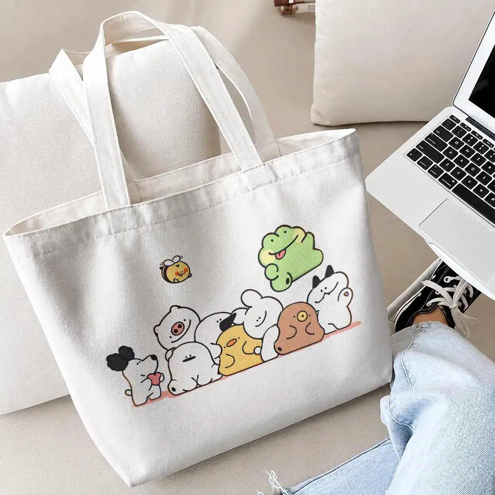 Cute IP portrait Storage Bags 2PC Printed Canvas Shopping Bag Set with Zipper Pouch Foldable Tote for Daily Use