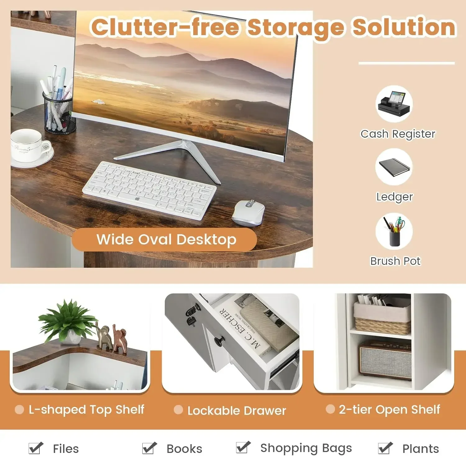 Reception Desk, Front Counter Desk with Lockable Drawer & Adjustable Shelf, Oval Desktop, Retail Counter