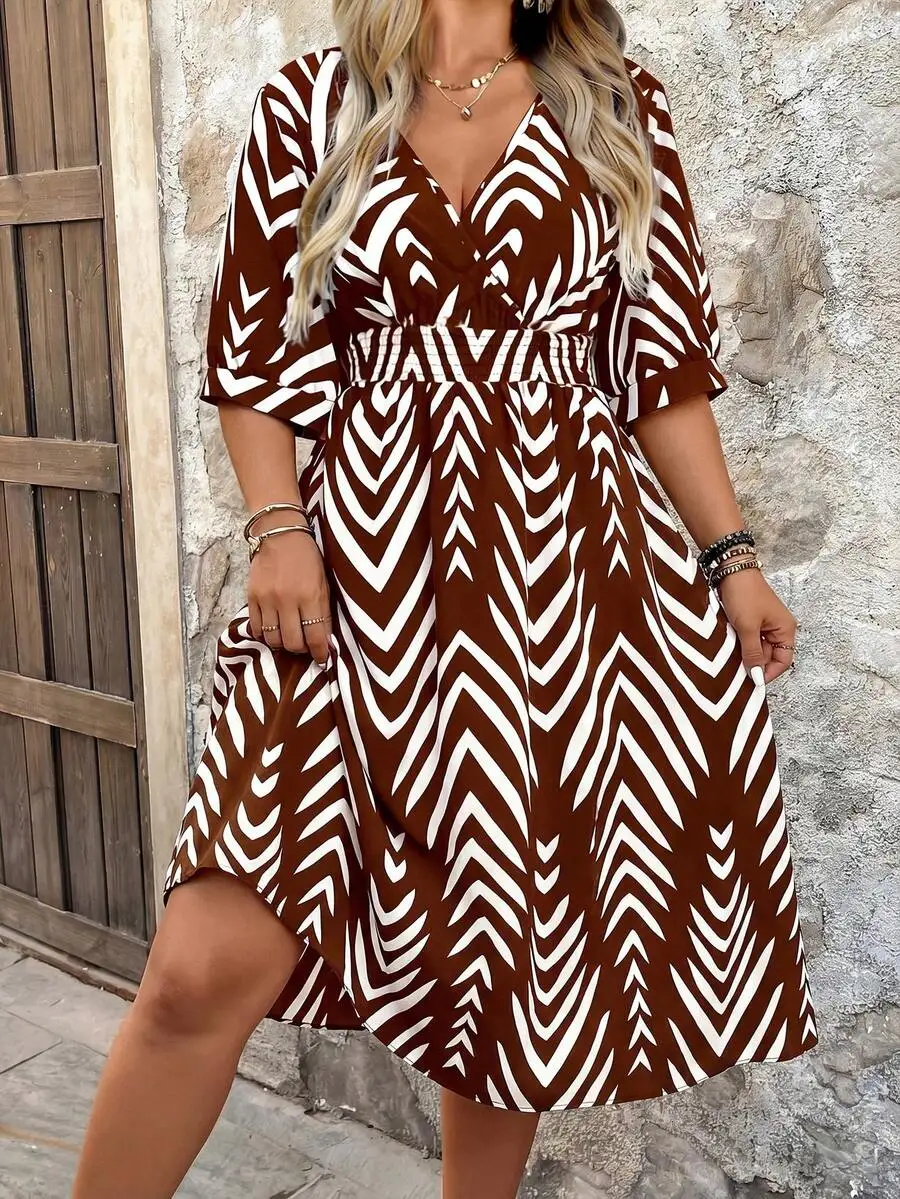 

Brown And White Zigzag Print Short Sleeve V-Neck A-Line Dress Summer