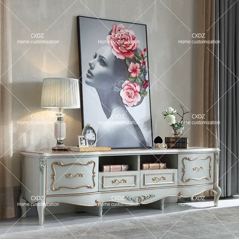 European Style Solid Wood TV Cabinet 2.2M Gold Foil Floor Storage Locker 1.9M Living Room Furniture Console Table