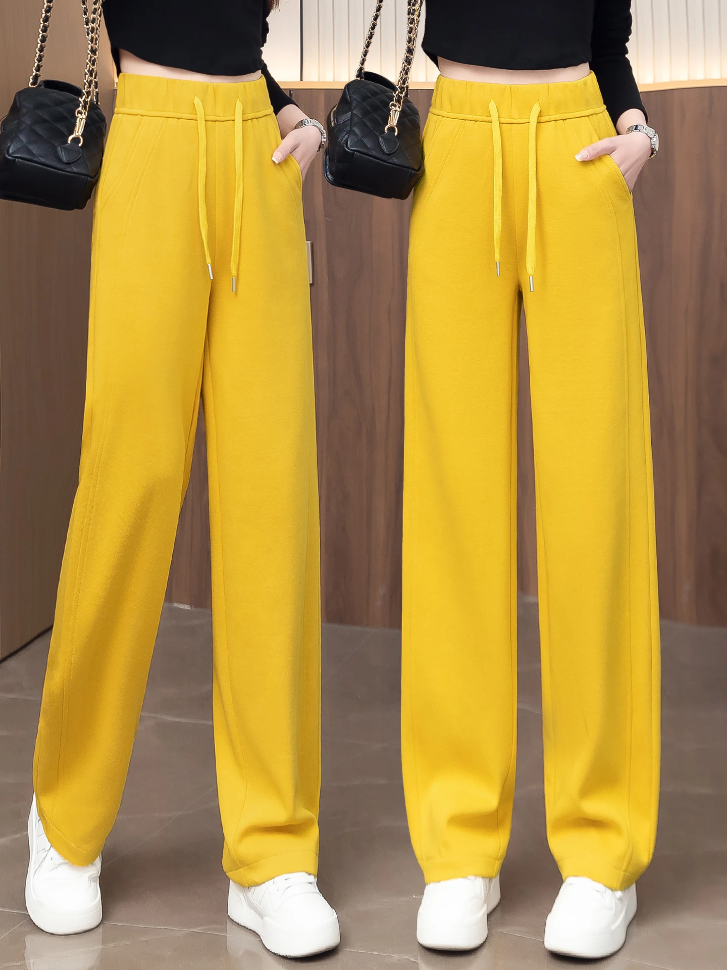 

High Waist Wide Leg Sport Pants Women's Casual Fleece Lined Banana Pants Spring Autumn Winter Loose Fit Comfortable Trousers