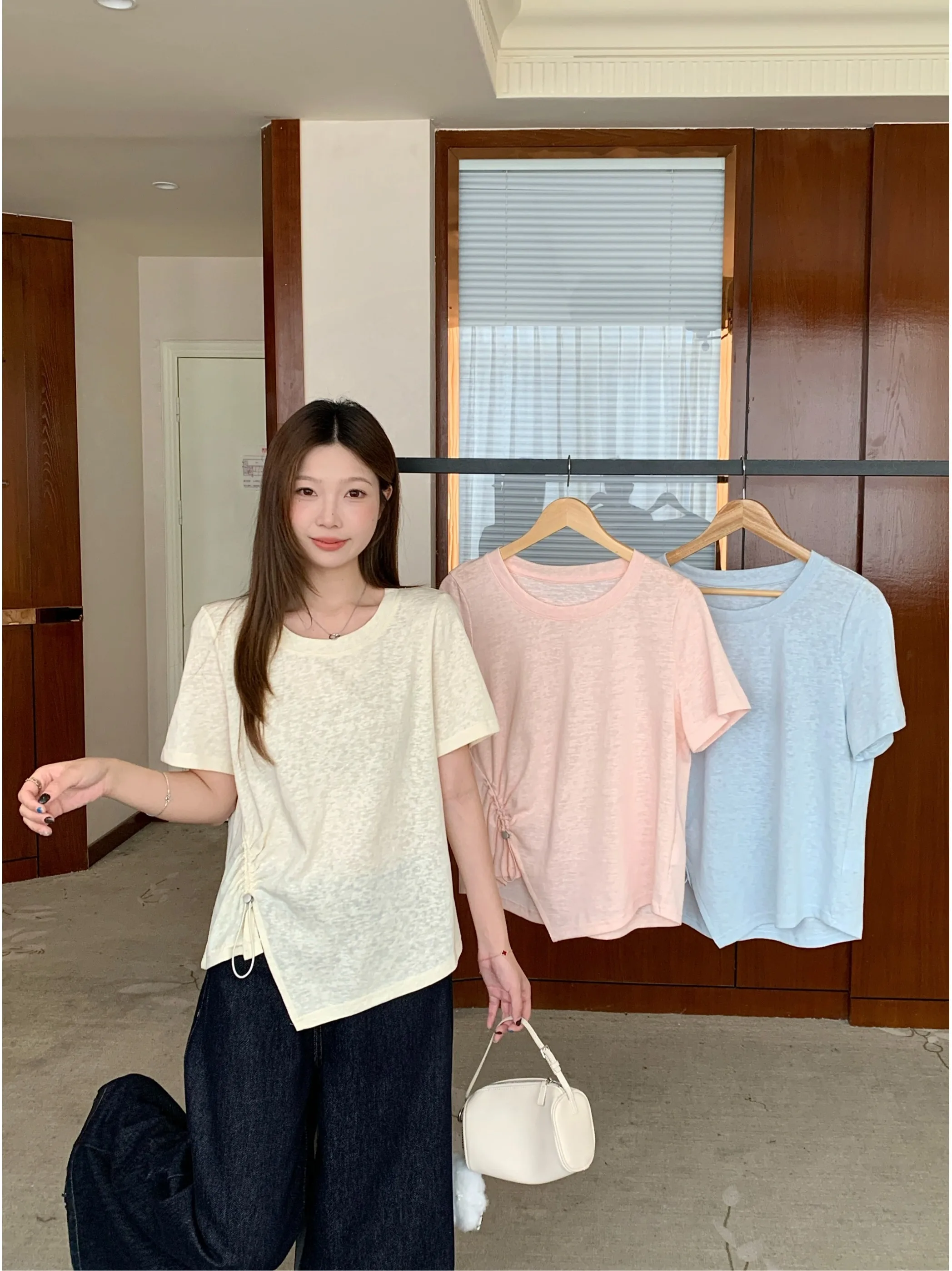 

Loose plus Size Summer Short Sleeve T-Shirt Drawstring round Neck Women's Top Breathable Comfortable Korean Style Casual Wear