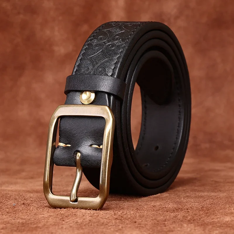 3.8CM Thickened Italian Pure Cowhide High Quality Genuine Leather Belts for Men Carving Strap Male Brass Buckle Jeans Cowboy