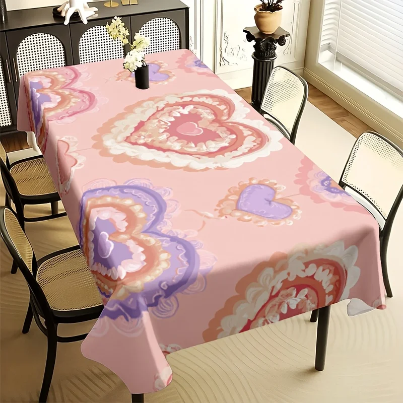 Sweet Valentine Tablecloth, Pink Background With Multi Layer Pastel Heart Pattern, Waterproof Table Cover for Daily & Party Use