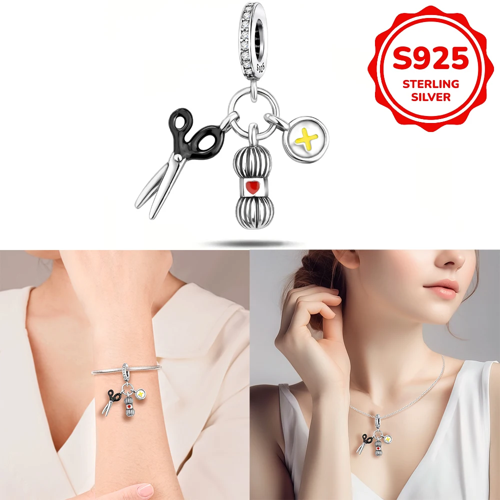 925 sterling silver scissors button needle thread pendant compatible with original bracelet necklace universal DIY jewelry gift