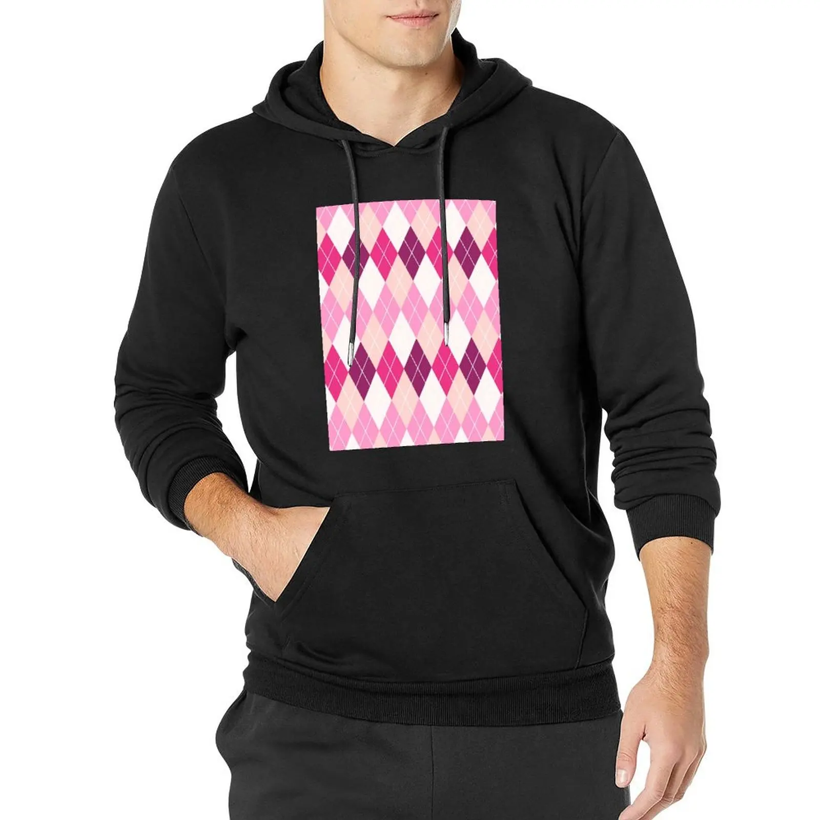 

Pink and White Argyle Pattern Pullover Hoodie men's clothing men's coat hoodies for men high quality