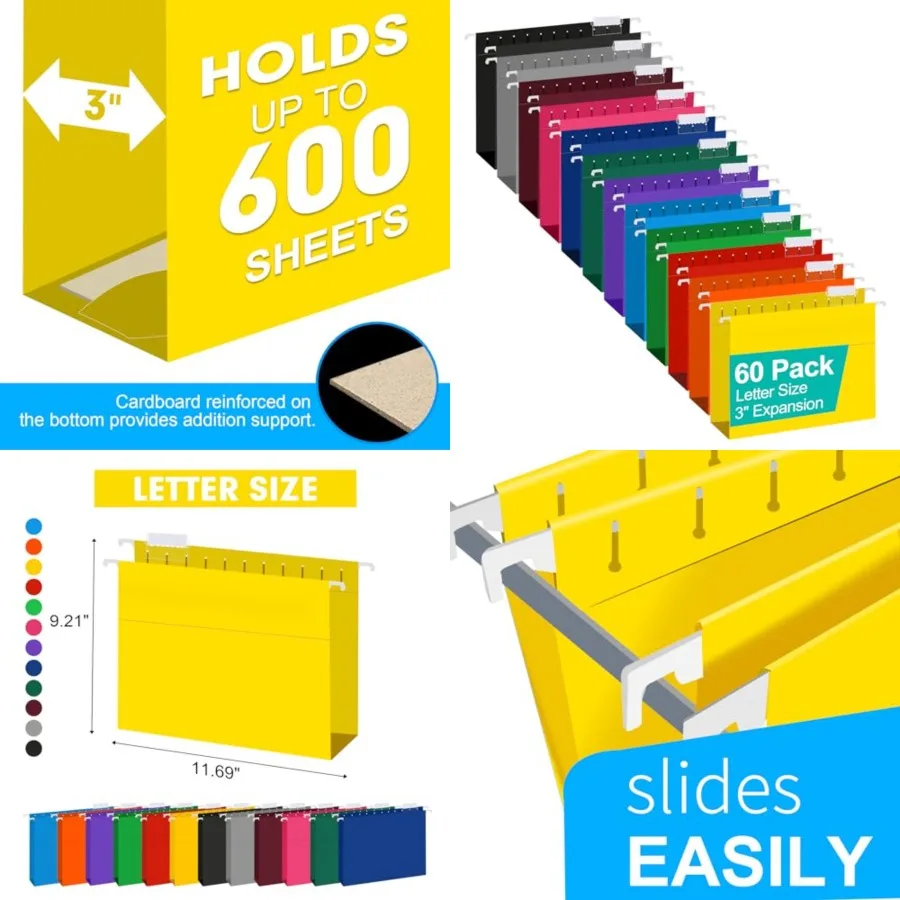 

Extra Capacity Hanging File Folders, 60 Pack Reinforced Letter Size Hanging Folders with Heavy Duty 3 Inch Expansion, Designed