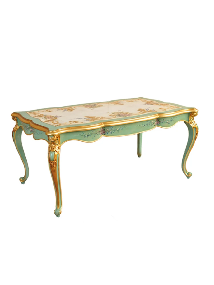 Rococo green square dining table, solid wood hand-painted carved with gold foil, French villa dining chairs