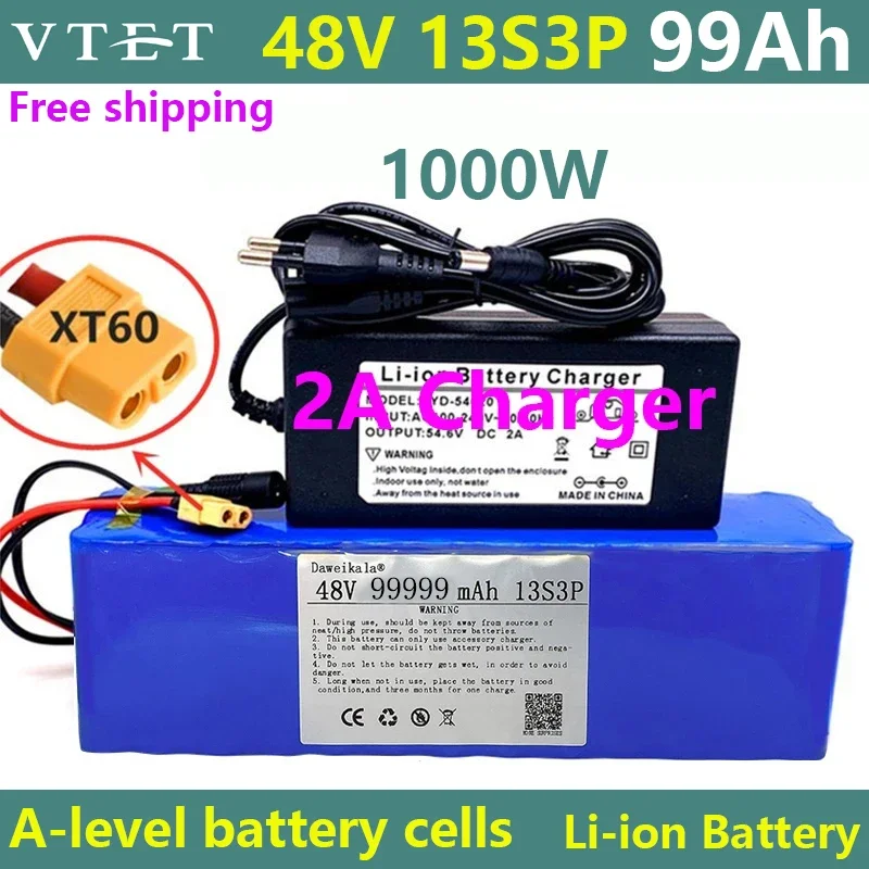 New 13S3P XT60 48V 99999Ah 1000w 48V Lithium Ion Battery Pack 99Ah for 54.6v E-bike Electric Bicycle Scooter with BMS+charger