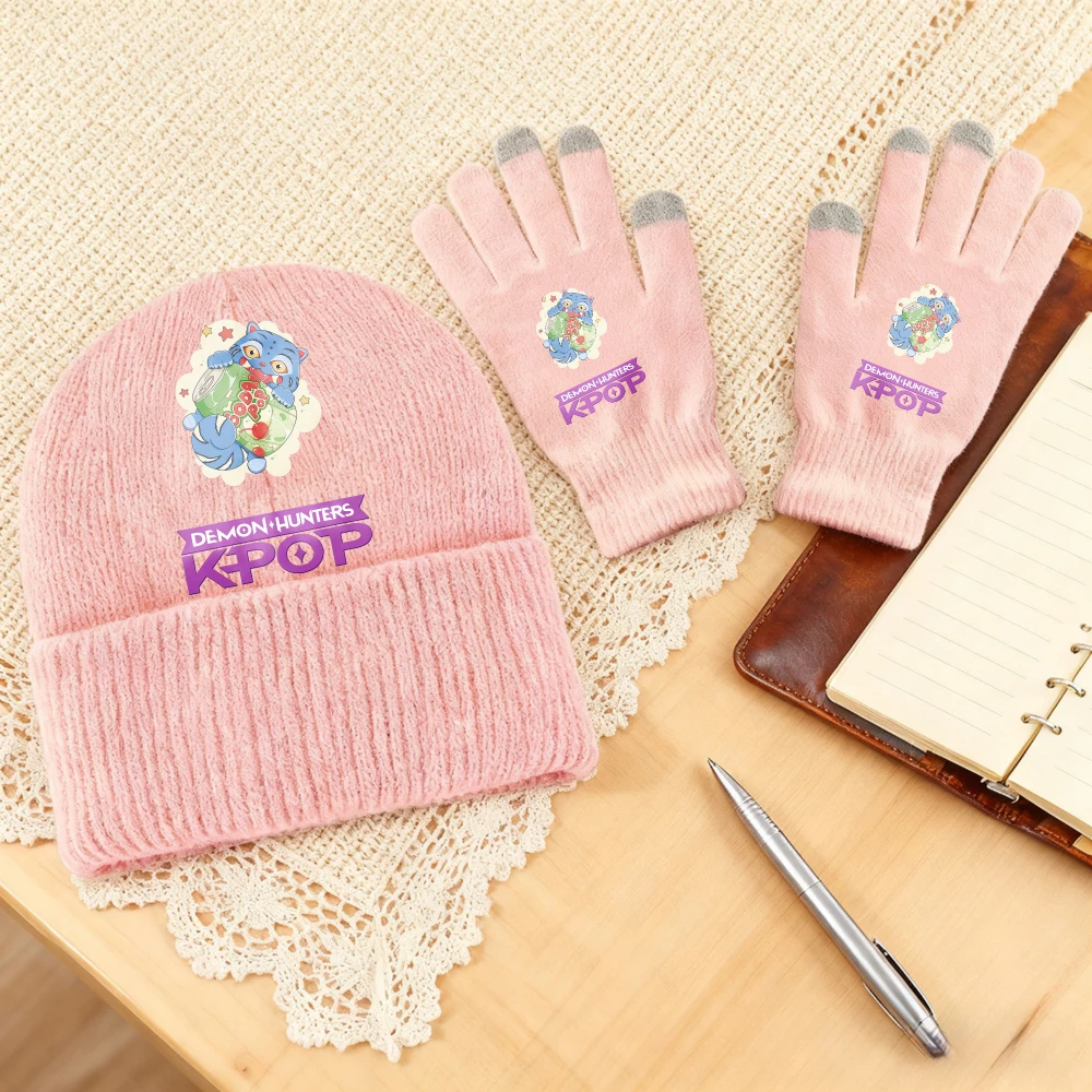 2pcs Kpop Demon Hunters Gloves Knitted Hat Suit for Girls Mira Rumi Zoey Knit Hats Mittens Set Children Winter Warm Suit