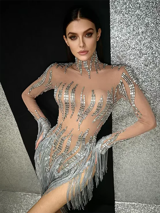 

Reqi Sexy Silver Sequins Tassel Disco Style Ball Gown Women Night Out Prom Dresses Evening Birthday Nightclub Bar Dancer Wear