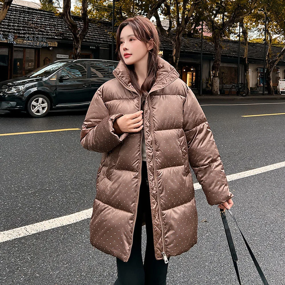 2024 New Winter Fashion Long Down Coats Women Thicken Warm Parkas  Ladies Elegant Zipper Polka Dot Cotton Jackets Female Outwear