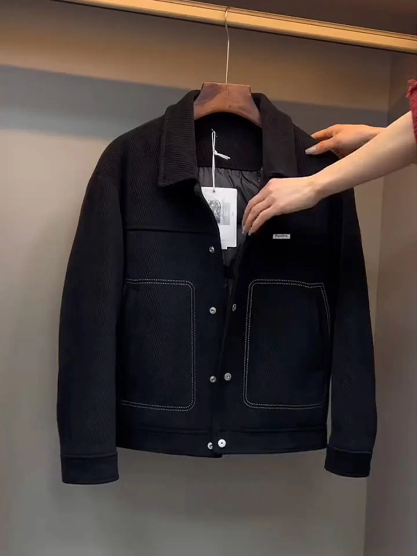 

Men's Thiened Warm Woolen Du down Jaet Bla Winter Busin Casual irt Korean Sle Long Sve Casual Sle Coat