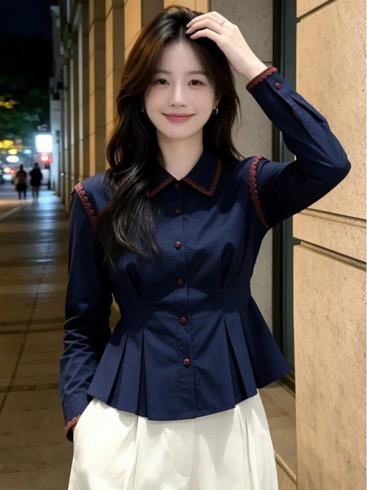 Elegant Style Slim Fit Shirt Top Waist-Cinching Long Sleeve Cotton Blouse in Royal Blue Spring Autumn New Arrival Short Style