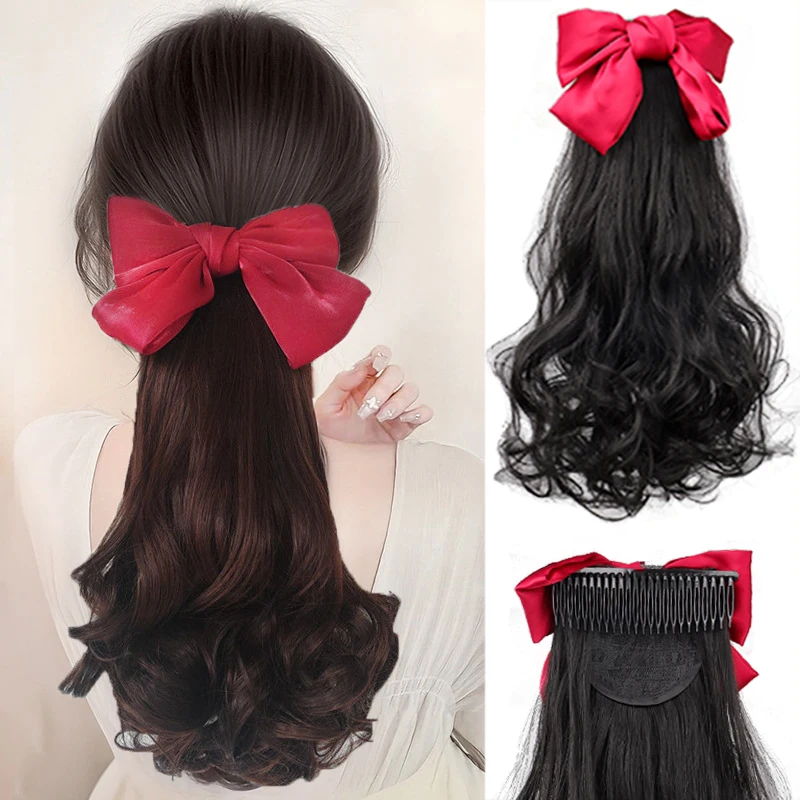 

Парик, длинные вьющиеся волосы с бантиком, натуральные кудри и популярный зажим для хвоста с водной рябью.