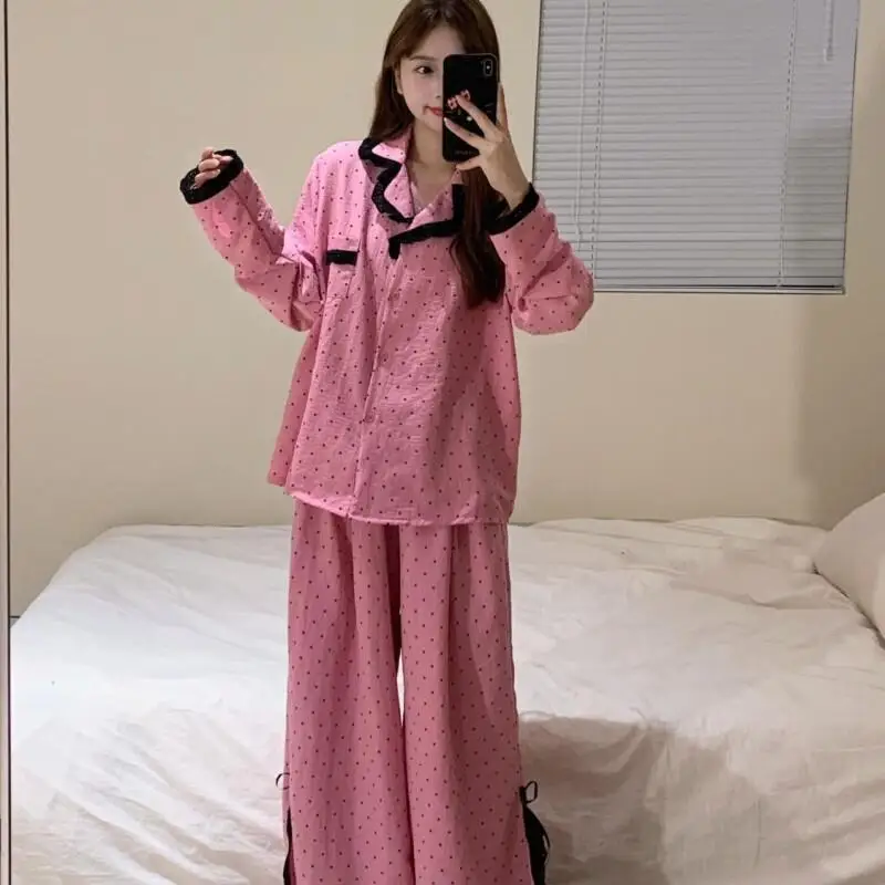 새로운 달콤한 물방울 무늬 레이스 디자인 니치 한국 홈 슈트 세트 파자마 소녀 스타일 긴 소매 잠옷 여성 봄 가을