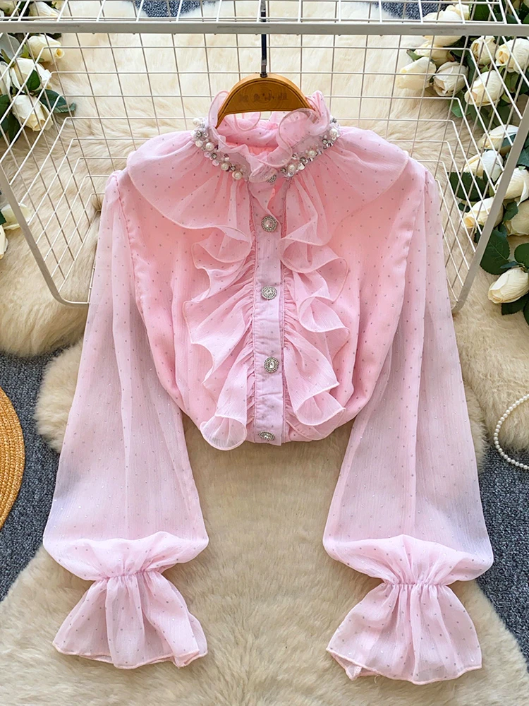 Frühling Herbst Damen Perlenbesetzter Stehkragen Bluse mit Rüschenkante aus Chiffon Modische Trompetenärmel Elegantes Basis-Oberteil W111