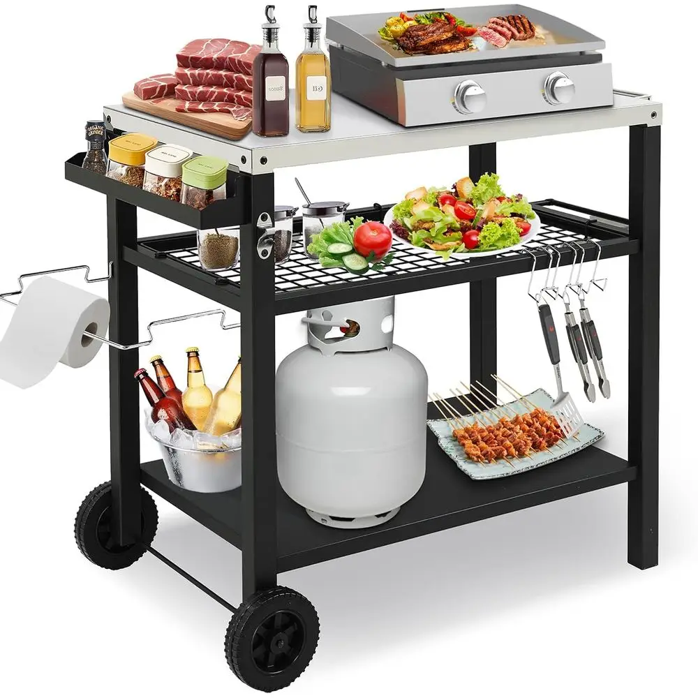 

Rolling Stainless Steel Outdoor Kitchen Cart with Pizza Oven, Worktable, Spice Rack & Garbage Bag Holder