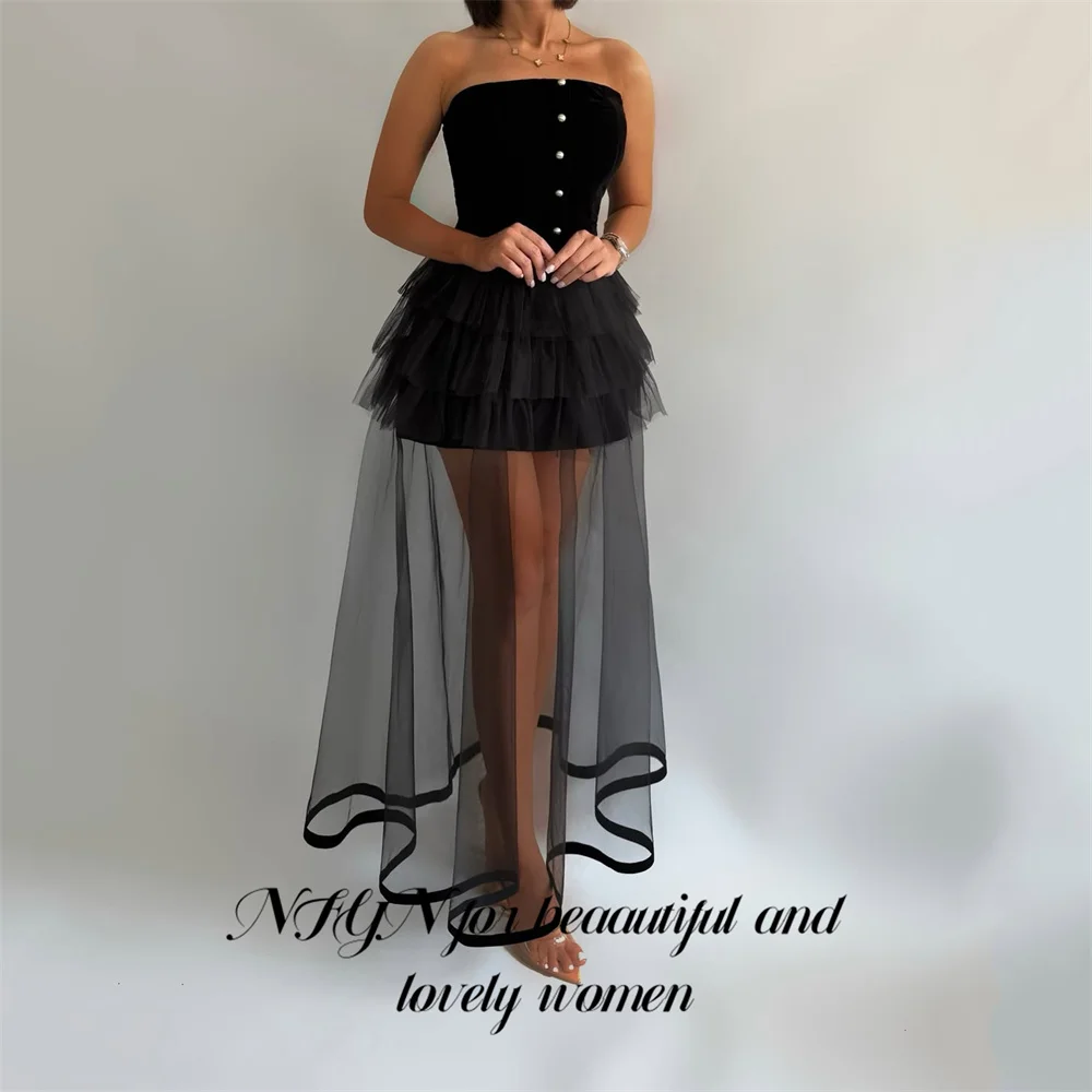 NFYN ثوب مسائي أسود بدون حمالات فساتين لحضور الحفلات الموسيقية فساتين سهرة زفاف صغيرة مخملية مع طبقات تول رداء de soirée مخصص #3