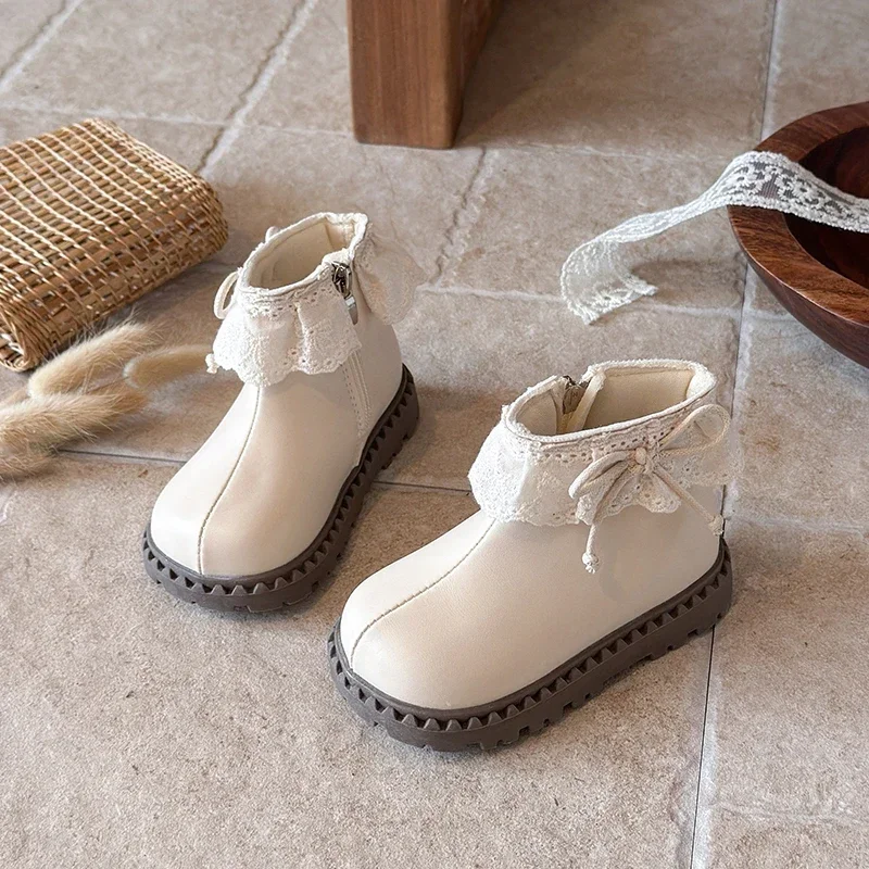 Girls Lace Ruffle Bow Ankle Boots, Glossy PU Inner Zipper Thick Serrated Sole Non-Slip Princess Short Boots for Little Kids