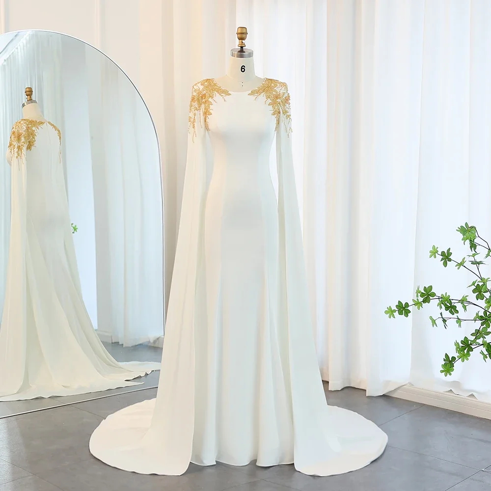 Elegant Boat Neck Detachable Gold Embroidered Cape Wedding Dress Sheath Chiffon Chapel Train Gown for Bride Outdoor Garden