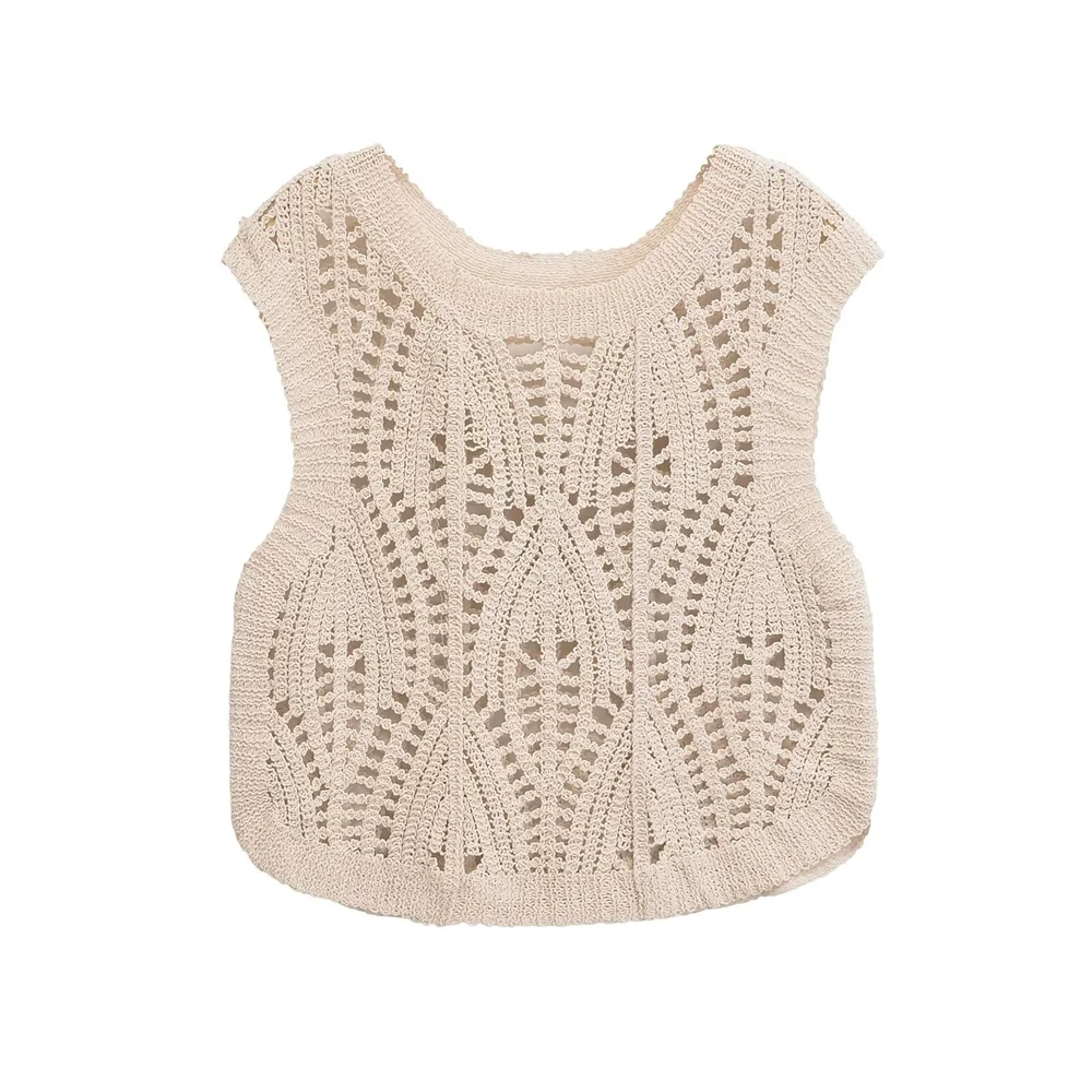 PB&ZA2024 autumn new women\'s casual temperament fashionable solid color crochet round neck sleeveless knitted vest